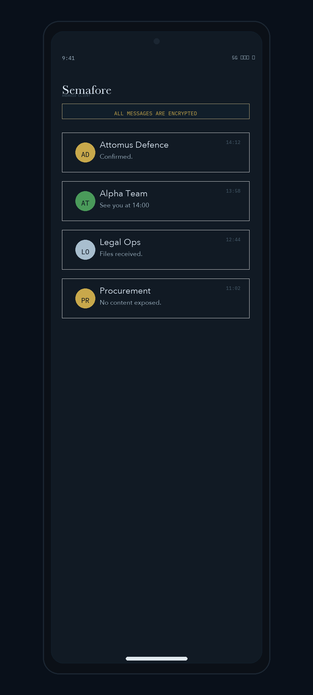 SemaFore Android app showing encrypted conversation list